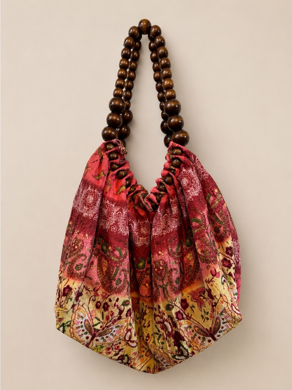 Bohemian Floral Wood Bead-Handle Hobo Bag